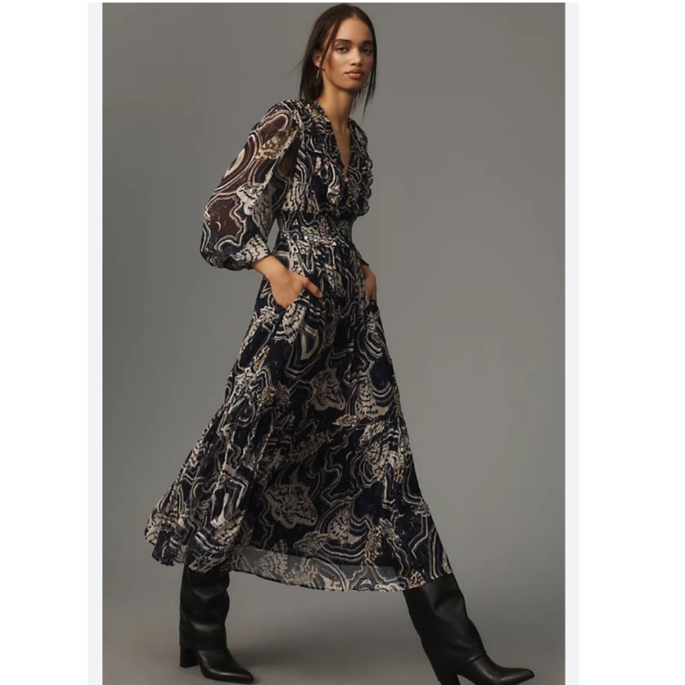 NEW Printer Johnson Long-Sleeve V-Neck Textured Midi Dress